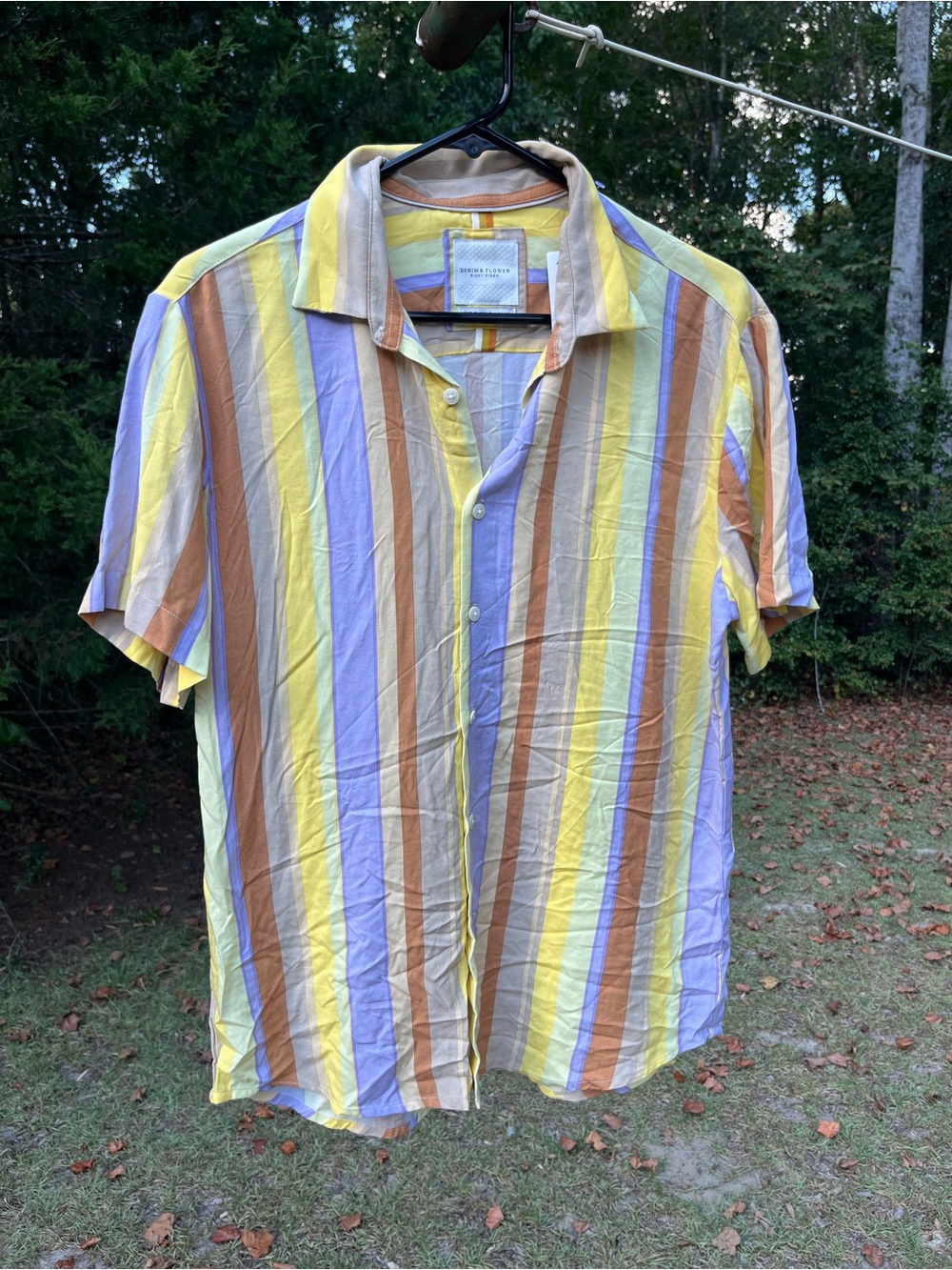 Denim & Flower Men's Short Sleeve Stripe Button-Down in Yellow, Brown & Lavender